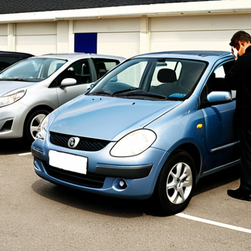 Home 7 **Image Prompt: Used Rental Car Inspection**
- Create an image of a person inspecting a used rental car. They should be examining the car's exterior, checking the tires, and looking under the hood. The background can include a car dealership with various cars parked.