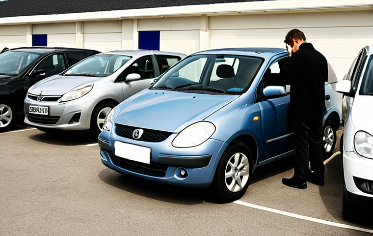 **Image Prompt: Used Rental Car Inspection**
- Create an image of a person inspecting a used rental car. They should be examining the car's exterior, checking the tires, and looking under the hood. The background can include a car dealership with various cars parked.