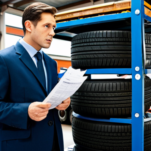 A professional individual, fully clothed in a modest business suit, standing in a clean, well-lit car repair workshop. The person holds a stack of unexpected repair invoices, looking thoughtfully at them with a slight expression of surprise and concern. In the background, a car is on a lift, with various car parts (e.g., tires, brake components) visible on a nearby workbench, suggesting unforeseen expenses. The scene is depicted with professional photography, perfect anatomy, natural proportions, well-formed hands, and high resolution. This is safe for work, appropriate content, and fully clothed, showcasing professional dress.