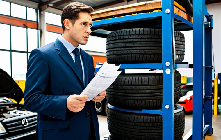 A professional individual, fully clothed in a modest business suit, standing in a clean, well-lit car repair workshop. The person holds a stack of unexpected repair invoices, looking thoughtfully at them with a slight expression of surprise and concern. In the background, a car is on a lift, with various car parts (e.g., tires, brake components) visible on a nearby workbench, suggesting unforeseen expenses. The scene is depicted with professional photography, perfect anatomy, natural proportions, well-formed hands, and high resolution. This is safe for work, appropriate content, and fully clothed, showcasing professional dress.