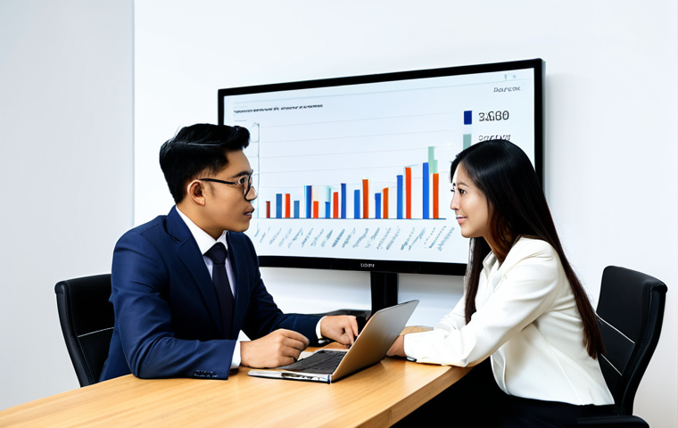 A professional Malaysian couple, fully clothed in modest business attire, sitting attentively at a polished wooden desk in a modern, well-lit bank office. Across from them, a professional financial advisor, also fully clothed in a sharp business suit, gestures towards a laptop screen displaying a stylized graph of home loan interest rates. Financial documents and a pen are neatly arranged on the desk. The atmosphere is serious and focused, conveying trust and thoughtful decision-making. The scene is depicted with perfect anatomy, correct proportions, natural poses, well-formed hands, and proper finger count. Professional photography, high quality, realistic, natural lighting, safe for work, appropriate content, fully clothed, professional, family-friendly.